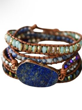 Lapis Lazuli Leather & Gemstone Wrap Bracelet- NIP